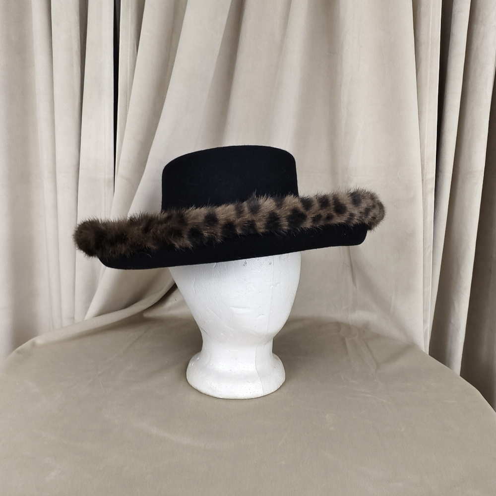 Vintage Black Wool Rimmed Hard Hat with Leopard Faux Fur Trim